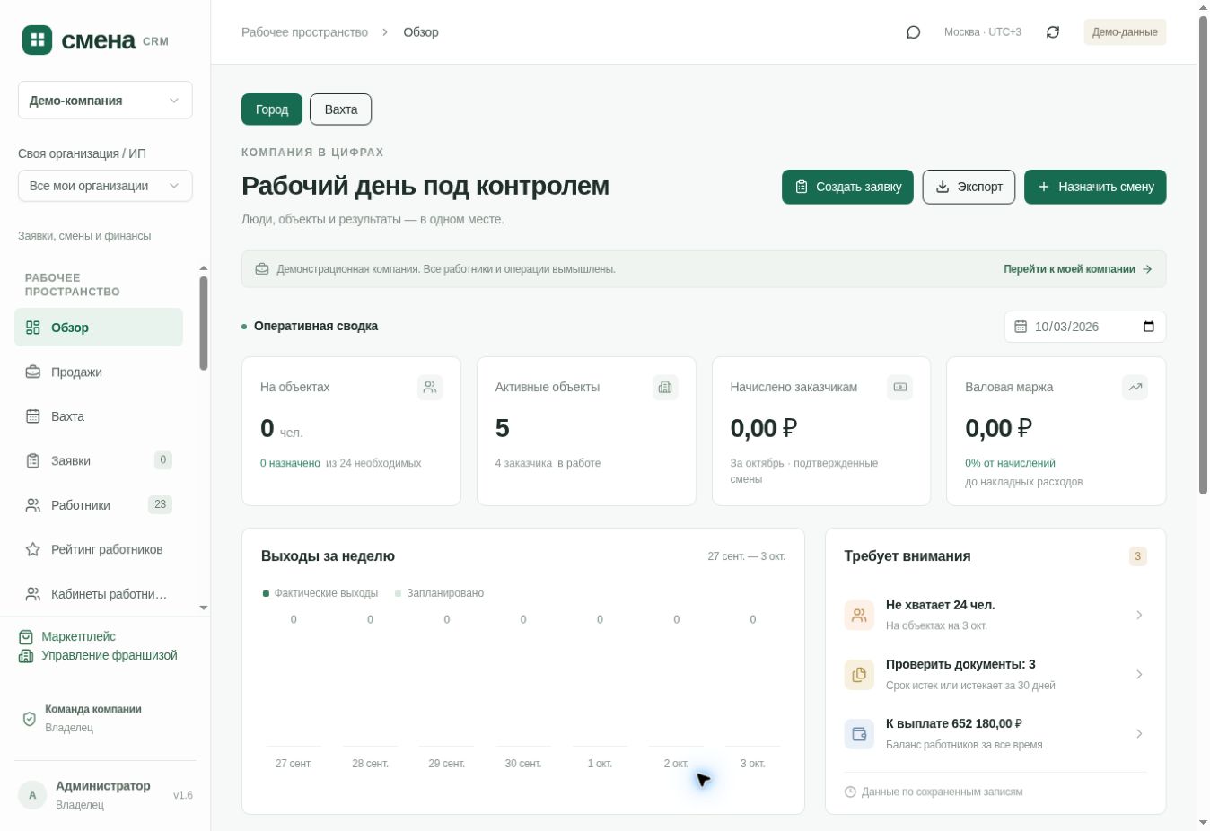 CRM «Смена» — Обзор. Оригинальный экран · вымышленные данные демо-компании.